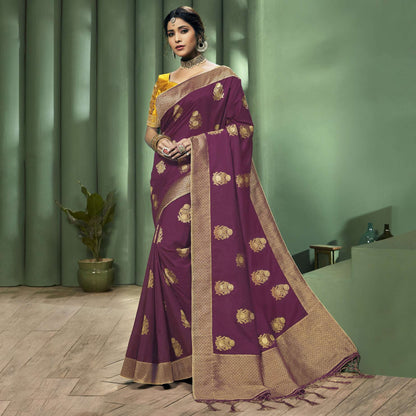 Wine Purple Ethnic Pattern Zari Jacquard Bordered Art Tussar Silk Saree