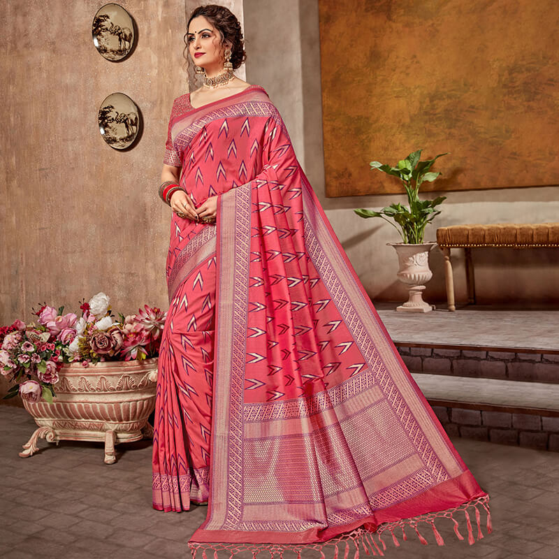 Rouge Pink And Purple Ikat Pattern Zari Jacquard Bordered Art Tusser Silk Saree With Tassels - Fabcurate