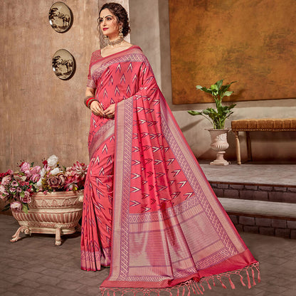 Rouge Pink And Purple Ikat Pattern Zari Jacquard Bordered Art Tusser Silk Saree With Tassels - Fabcurate