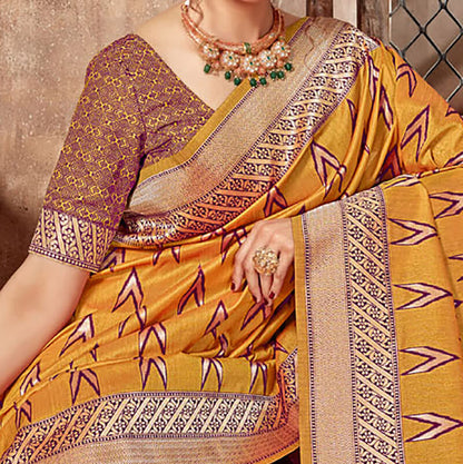 Honey Yellow And Purple Ikkat Pattern Zari Jacquard Bordered Art Tussar Silk Saree With Tassels