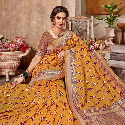 Honey Yellow And Purple Ikkat Pattern Zari Jacquard Bordered Art Tussar Silk Saree With Tassels