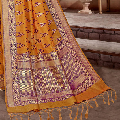 Honey Yellow And Purple Ikkat Pattern Zari Jacquard Bordered Art Tussar Silk Saree With Tassels