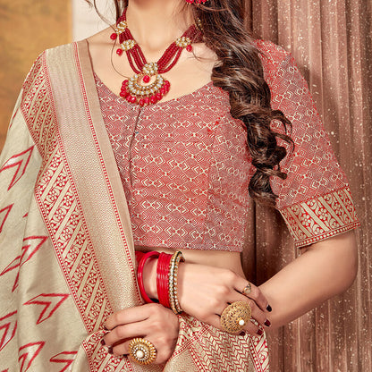Oatmeal Beige And Red Ikkat Pattern Zari Jacquard Bordered Art Tussar Silk Saree With Tassels