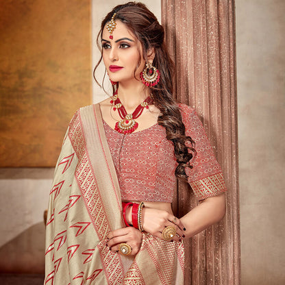 Oatmeal Beige And Red Ikkat Pattern Zari Jacquard Bordered Art Tussar Silk Saree With Tassels