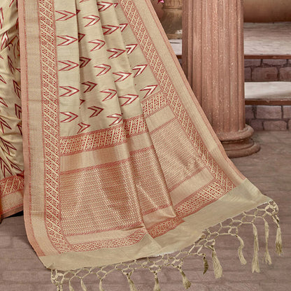 Oatmeal Beige And Red Ikkat Pattern Zari Jacquard Bordered Art Tussar Silk Saree With Tassels