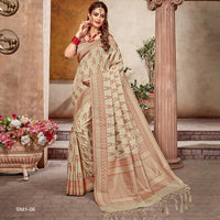 Oatmeal Beige And Red Ikkat Pattern Zari Jacquard Bordered Art Tussar Silk Saree With Tassels