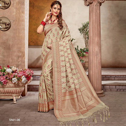 Oatmeal Beige And Red Ikkat Pattern Zari Jacquard Bordered Art Tussar Silk Saree With Tassels