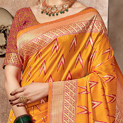 Honey Yellow And Fuchsia Ikkat Pattern Zari Jacquard Bordered Art Tussar Silk Saree With Tassels