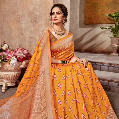 Honey Yellow And Fuchsia Ikkat Pattern Zari Jacquard Bordered Art Tussar Silk Saree With Tassels