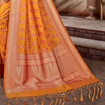 Honey Yellow And Fuchsia Ikkat Pattern Zari Jacquard Bordered Art Tussar Silk Saree With Tassels