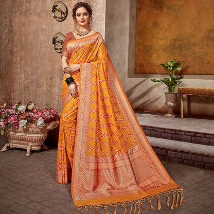 Honey Yellow And Fuchsia Ikkat Pattern Zari Jacquard Bordered Art Tussar Silk Saree With Tassels