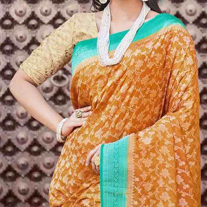 Yellow And Sea Green Floral Pattern Zari Jacquard Bordered Art Silk Saree