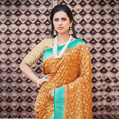 Yellow And Sea Green Floral Pattern Zari Jacquard Bordered Art Silk Saree