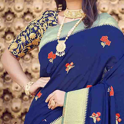 Navy Blue And Red Floral Pattern Zari Jacquard Bordered Art Tussar Silk Saree