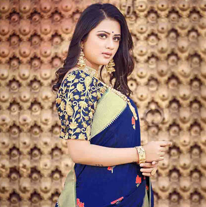 Navy Blue And Red Floral Pattern Zari Jacquard Bordered Art Tussar Silk Saree