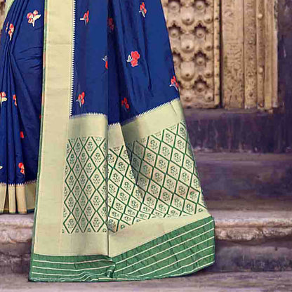 Navy Blue And Red Floral Pattern Zari Jacquard Bordered Art Tussar Silk Saree