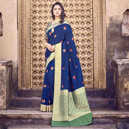 Navy Blue And Red Floral Pattern Zari Jacquard Bordered Art Tussar Silk Saree