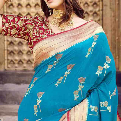 Sky Blue And Red Floral Pattern Zari Jacquard Bordered Art Tussar Silk Saree with