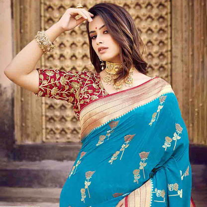Sky Blue And Red Floral Pattern Zari Jacquard Bordered Art Tussar Silk Saree with