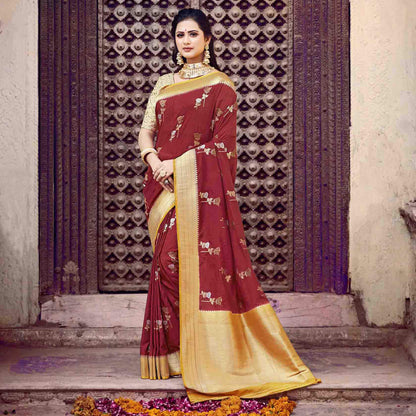 Red And Mustard Yellow Floral Pattern Zari Jacquard Bordered Art Tussar Silk Saree