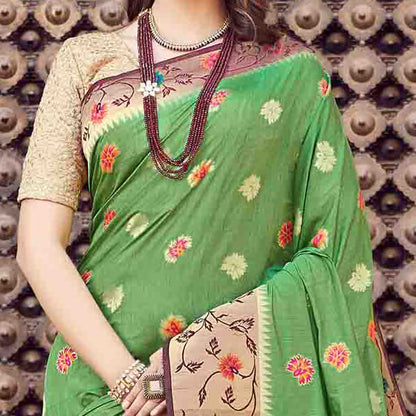 Parrot Green And Fuchsia Floral Pattern Zari Jacquard Bordered Art Tussar Silk Saree