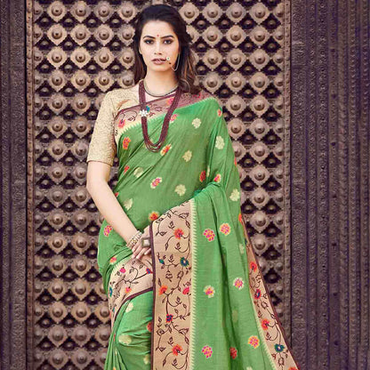 Parrot Green And Fuchsia Floral Pattern Zari Jacquard Bordered Art Tussar Silk Saree