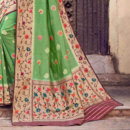 Parrot Green And Fuchsia Floral Pattern Zari Jacquard Bordered Art Tussar Silk Saree