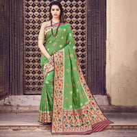 Parrot Green And Fuchsia Floral Pattern Zari Jacquard Bordered Art Tussar Silk Saree