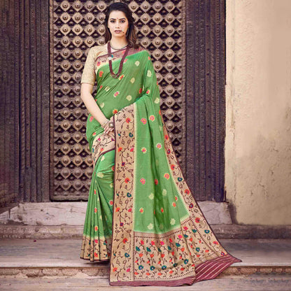 Parrot Green And Fuchsia Floral Pattern Zari Jacquard Bordered Art Tussar Silk Saree