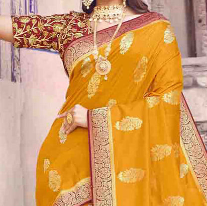 Yellow And Maroon Floral Pattern Zari Jacquard Bordered Art Tussar Silk Saree