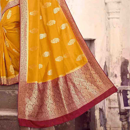 Yellow And Maroon Floral Pattern Zari Jacquard Bordered Art Tussar Silk Saree