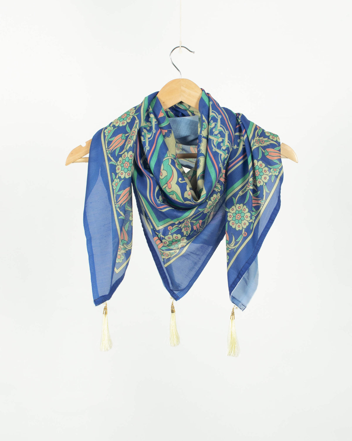 Royal Blue And Tea Green Traditional Pattern Digital Print Poly Voile Scarf