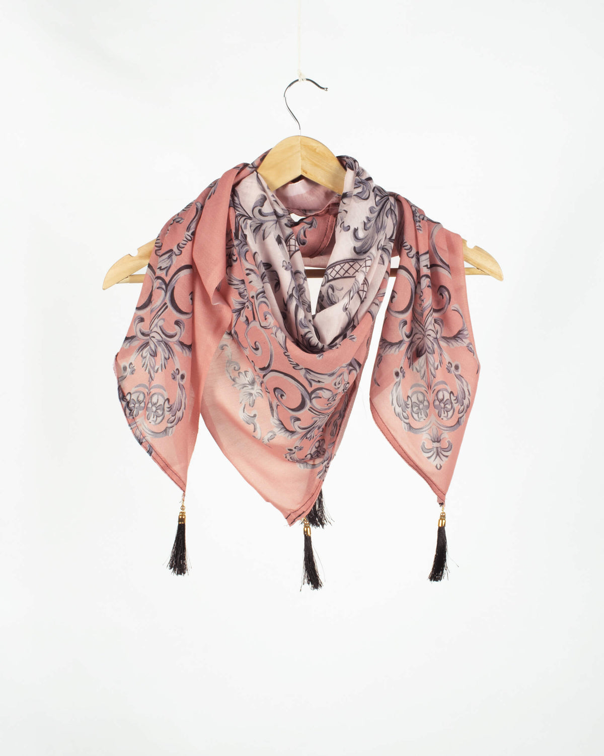 Salmon Peach And Black Traditional Pattern Digital Print Poly Voile Scarf