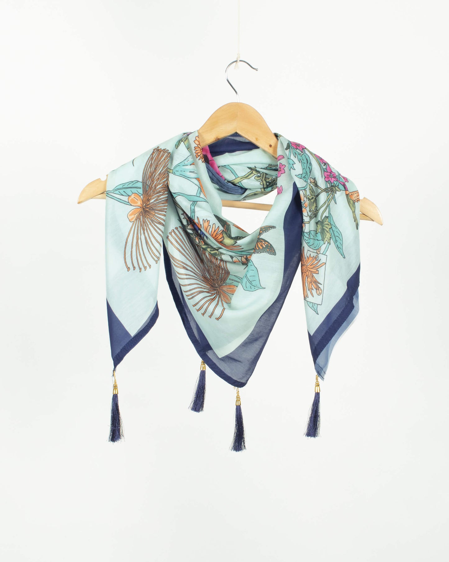 Pale Blue And Orange Floral Pattern Digital Print Poly Voile Scarf