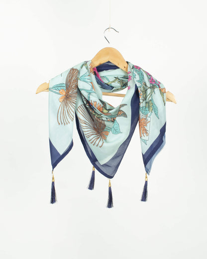 Pale Blue And Orange Floral Pattern Digital Print Poly Voile Scarf