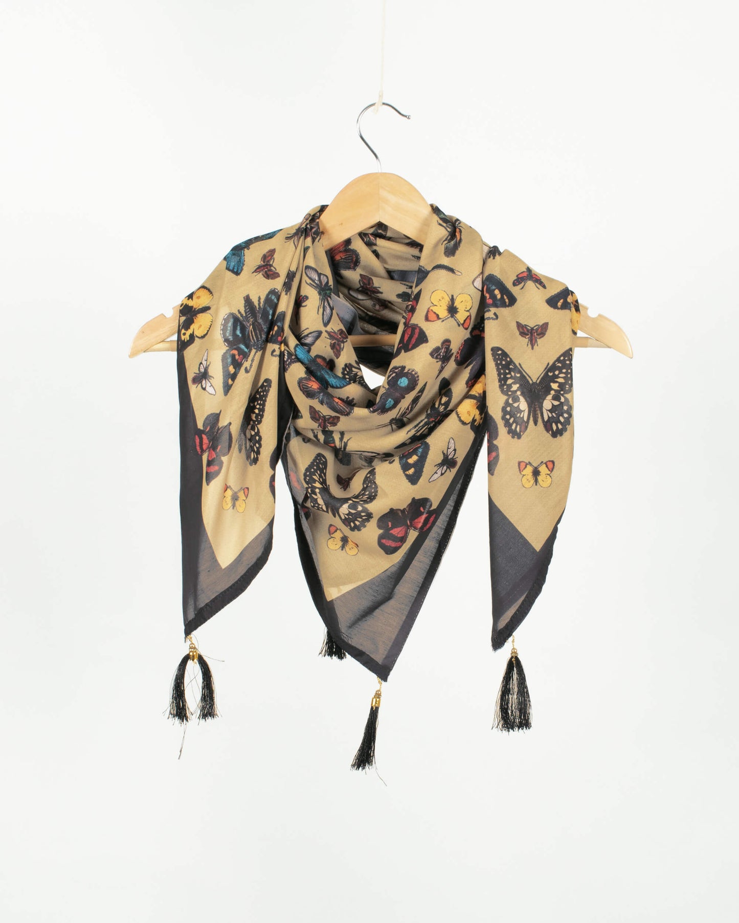 Latte Beige And Black Butterfly Pattern Digital Print Poly Voile Scarf