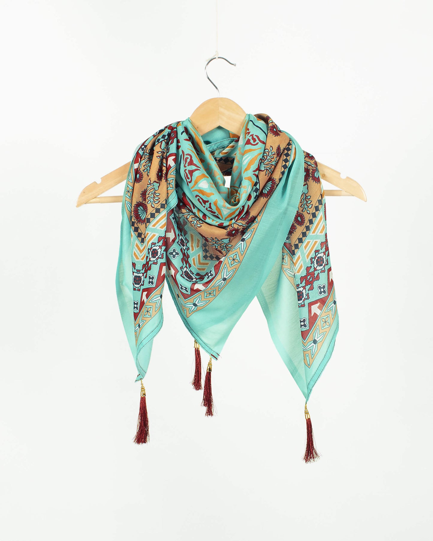 Pale Turquoise And Maroon Floral Pattern Digital Print Poly Voile Scarf