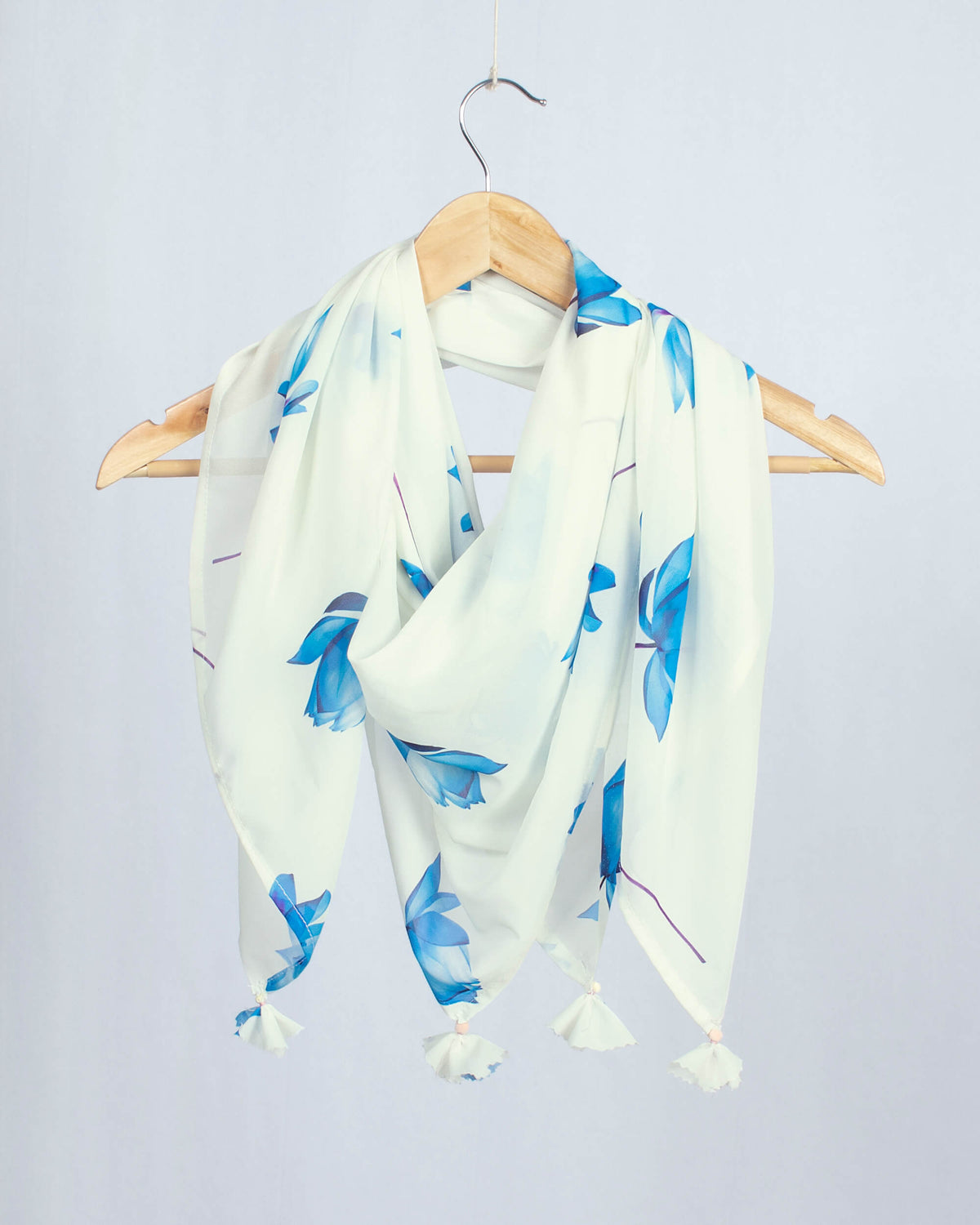 White And Azure Blue Floral Pattern Digital Print Georgette Scarf