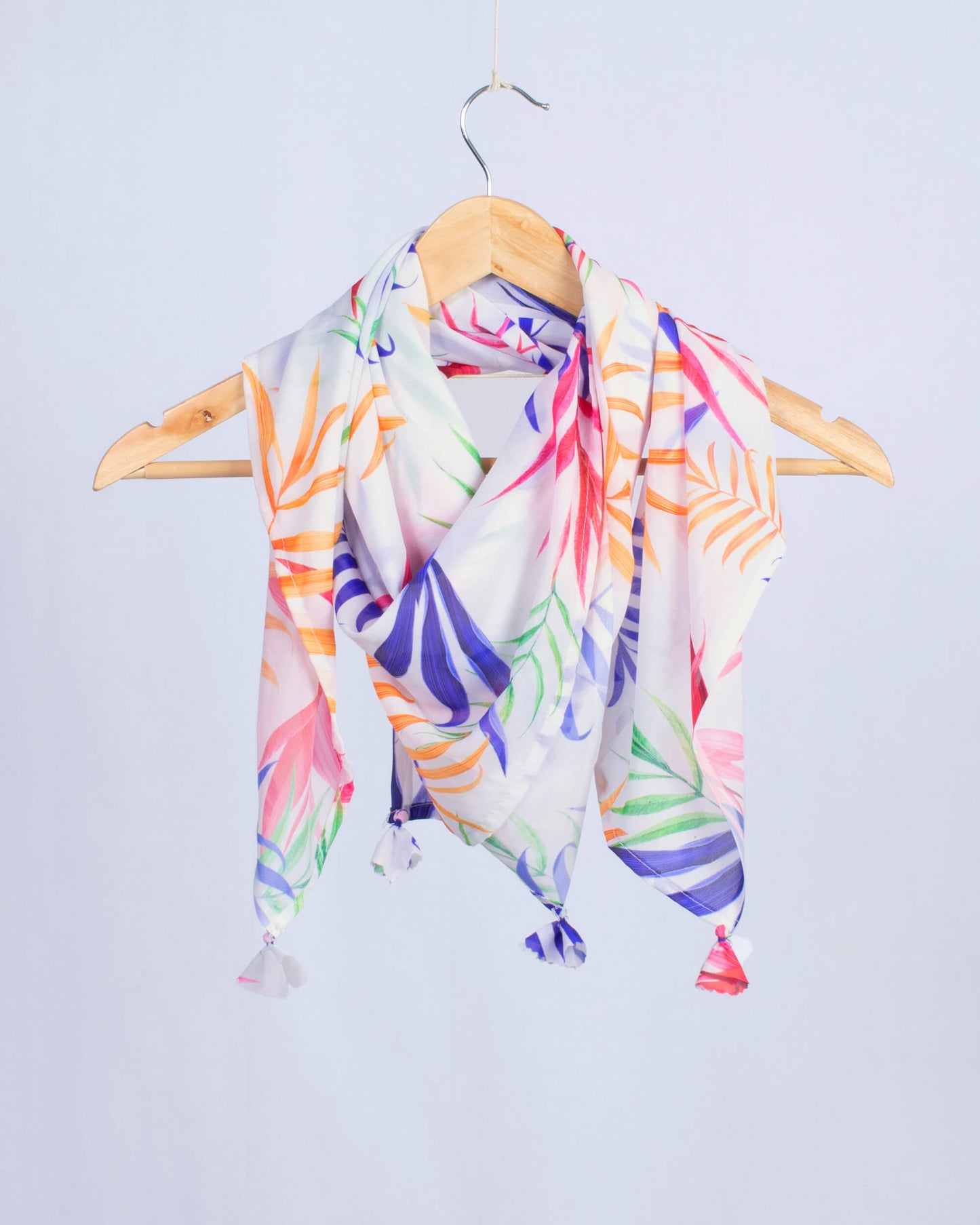 White And Azure Blue Tropical Pattern Digital Print Georgette Scarf