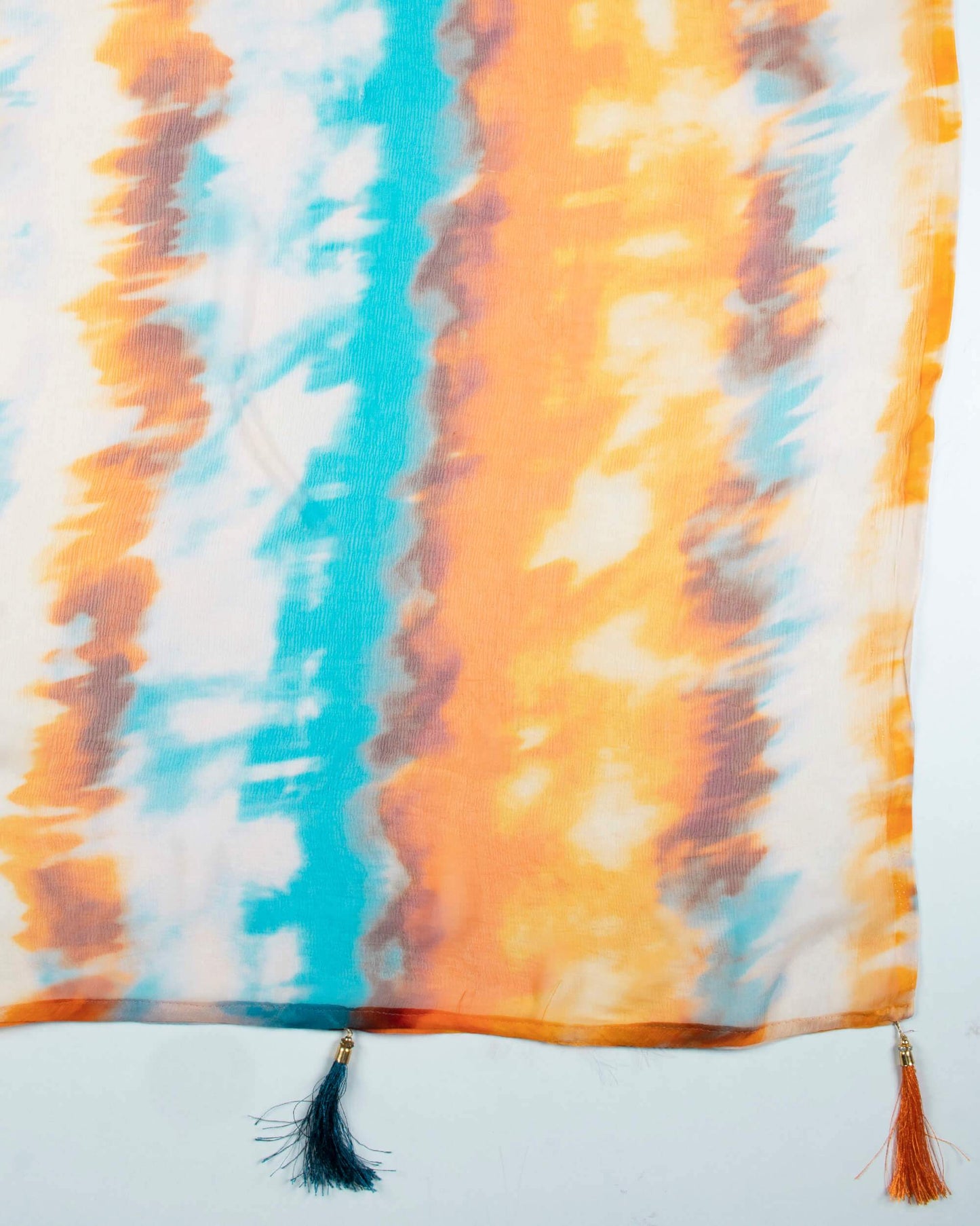 Orange And Blue Shibori Pattern Digital Print Bemberg Chiffon Dupatta With Tassels - Fabcurate