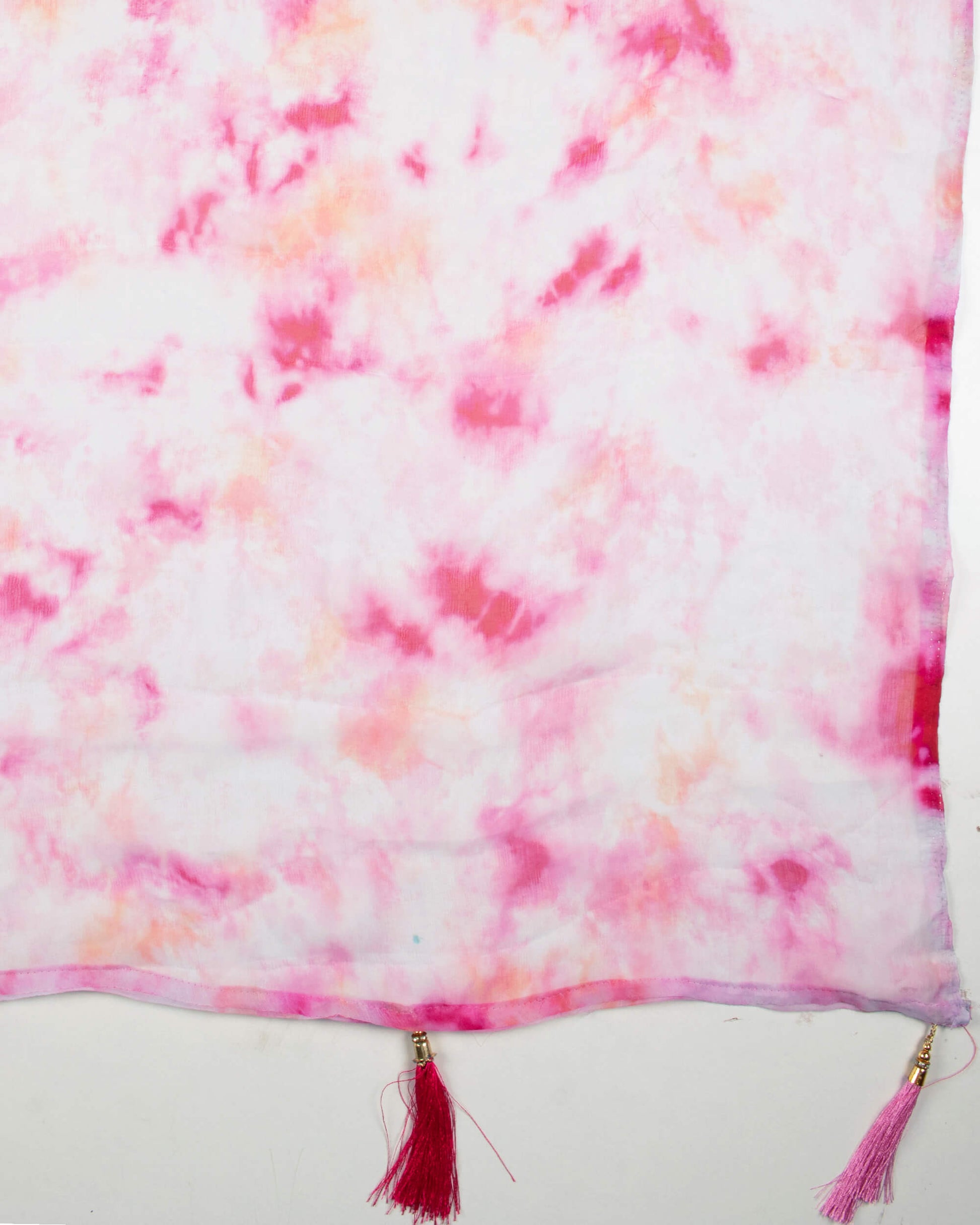 Pink And White Tie & Dye Pattern Digital Print Bemberg Chiffon Dupatta With Tassels - Fabcurate