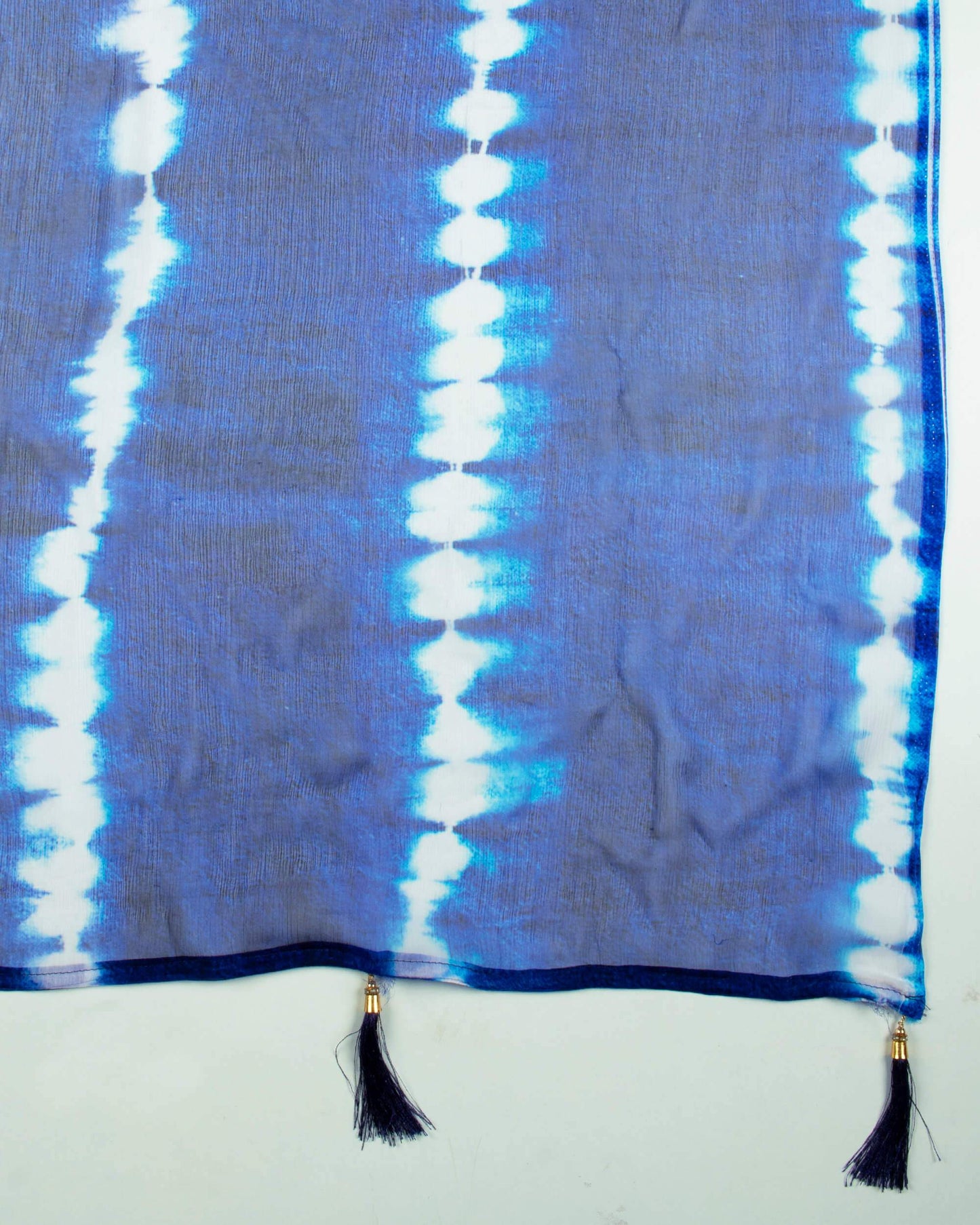 Royal Blue And White Tie & Dye Pattern Digital Print Bemberg Chiffon Dupatta With Tassels - Fabcurate