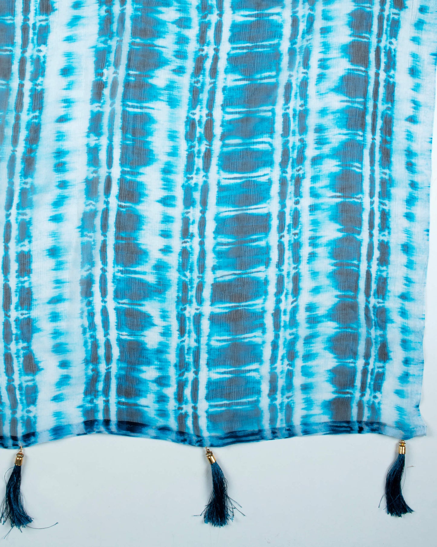 Blue And White Shibori Pattern Digital Print Bemberg Chiffon Dupatta With Tassels - Fabcurate
