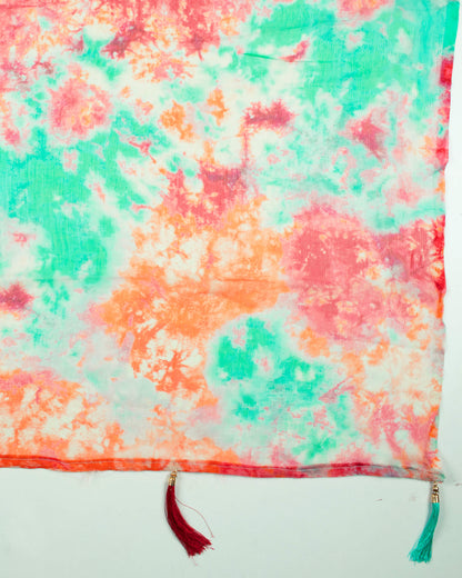 Green And Red Tie & Dye Pattern Digital Print Bemberg Chiffon Dupatta With Tassels - Fabcurate
