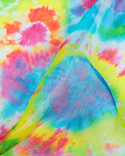 Blue And Pink Shibori Pattern Digital Print Bemberg Chiffon Dupatta With Tassels - Fabcurate