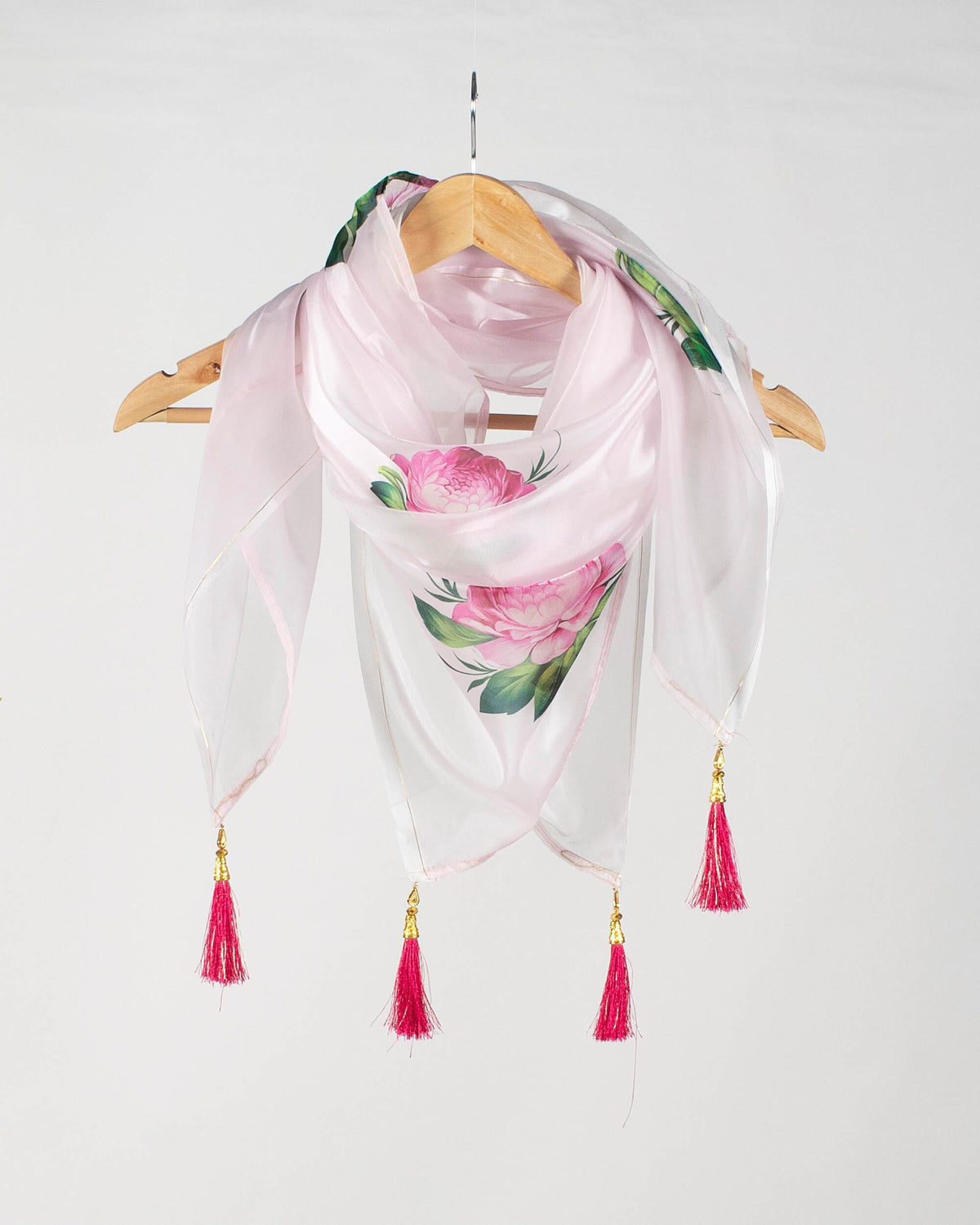 Baby Pink And Green Floral Pattern Digital Print Premium Organza Scarf With Tassels - Fabcurate
