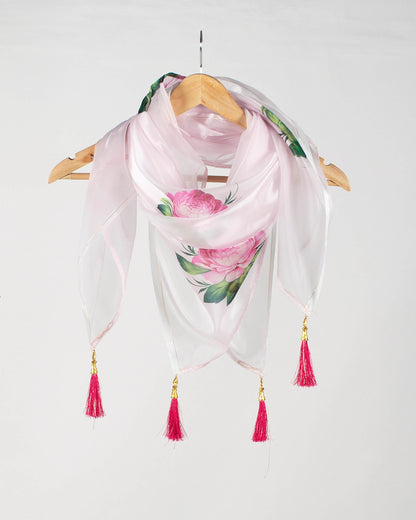 Baby Pink And Green Floral Pattern Digital Print Premium Organza Scarf With Tassels - Fabcurate
