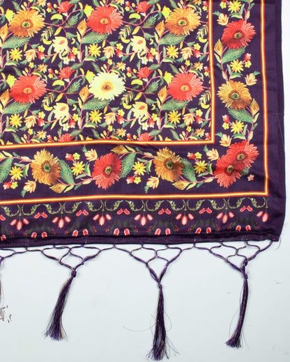 Navy Blue And Yellow Floral Pattern Digital Print Gadwal Silk Satin Borderd Dupatta With Tassels - Fabcurate