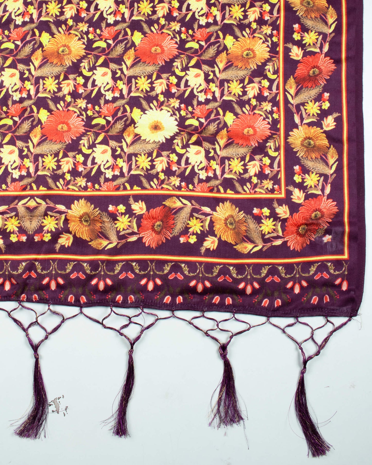 Dark Purple And Red Floral Pattern Digital Print Gadwal Silk Satin Borderd Dupatta With Tassels - Fabcurate