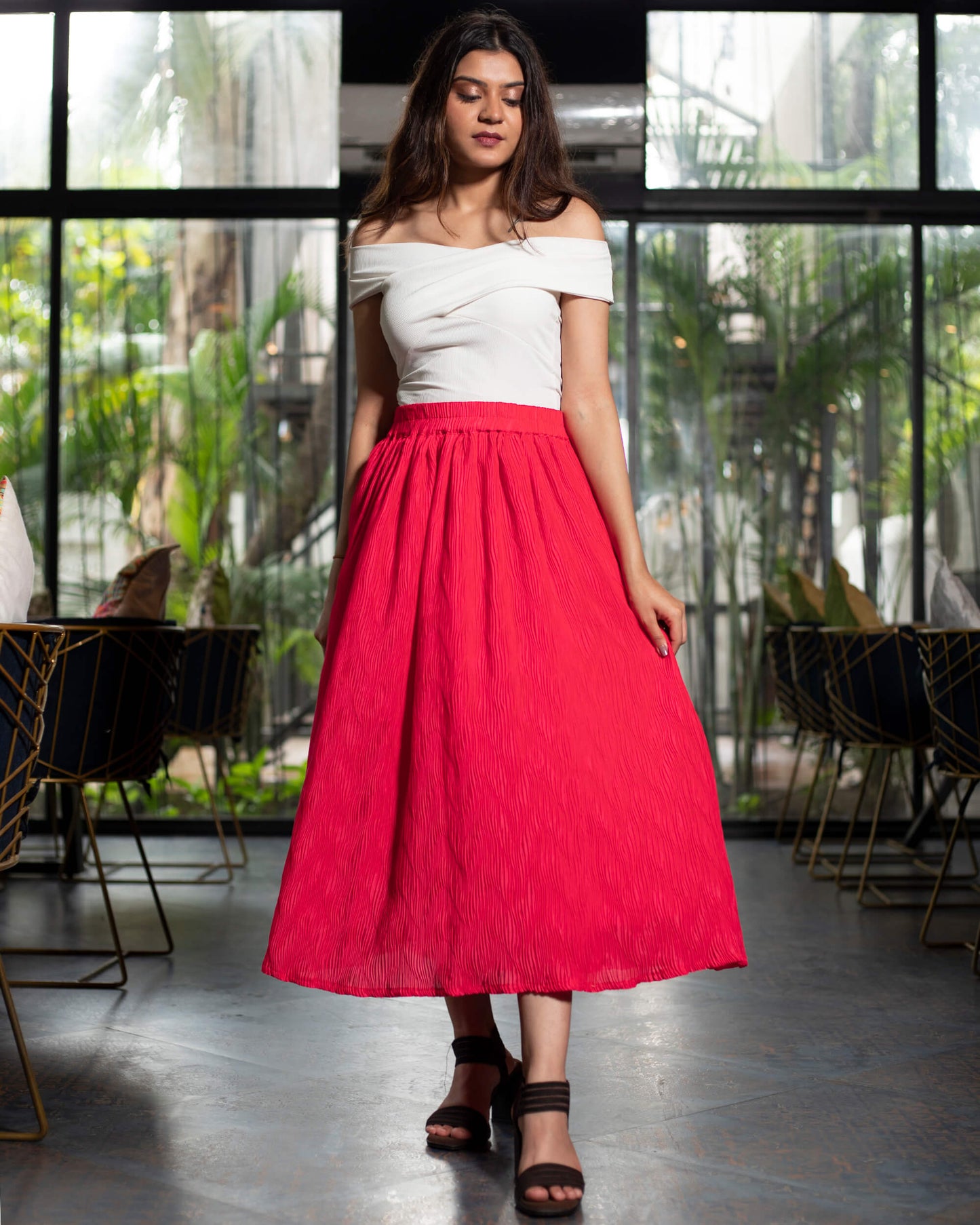 Pink Pleated Midi Skirt